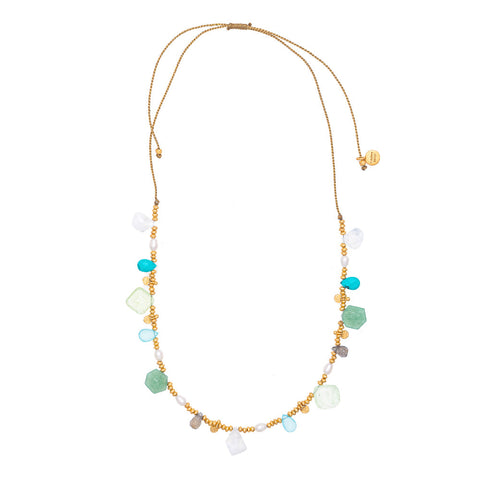 Moonstone, Aventurine, Turquoise & Pearl gold charm string necklace