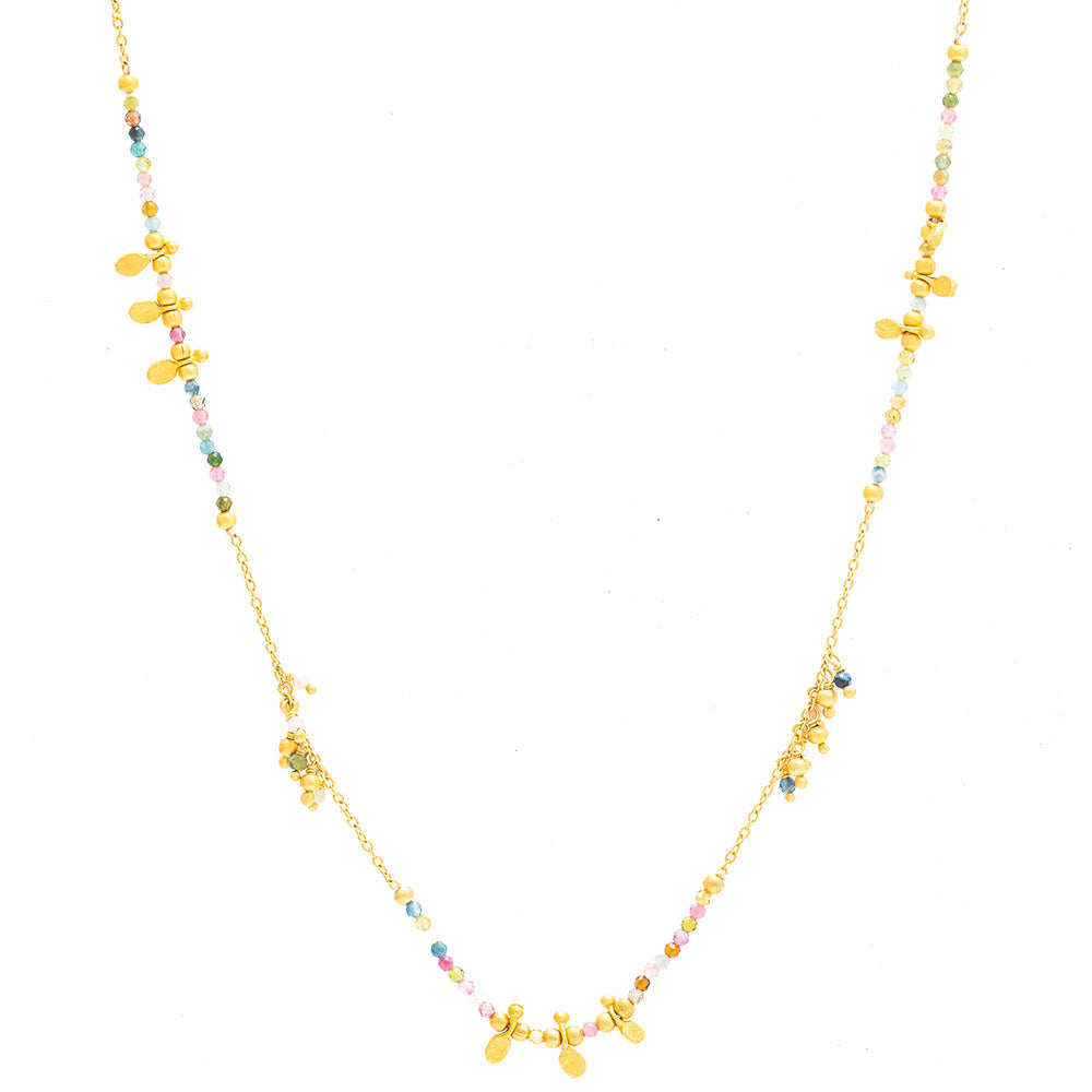 Long Multi Tourmaline gold charm necklace