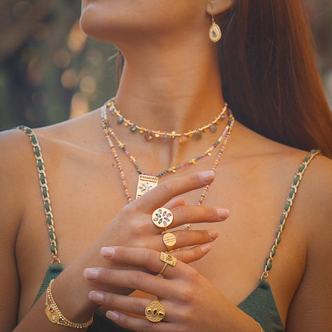 Tourmaline & Citrine gold charm string necklace