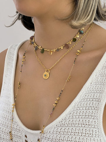 Long Multi Tourmaline gold charm necklace