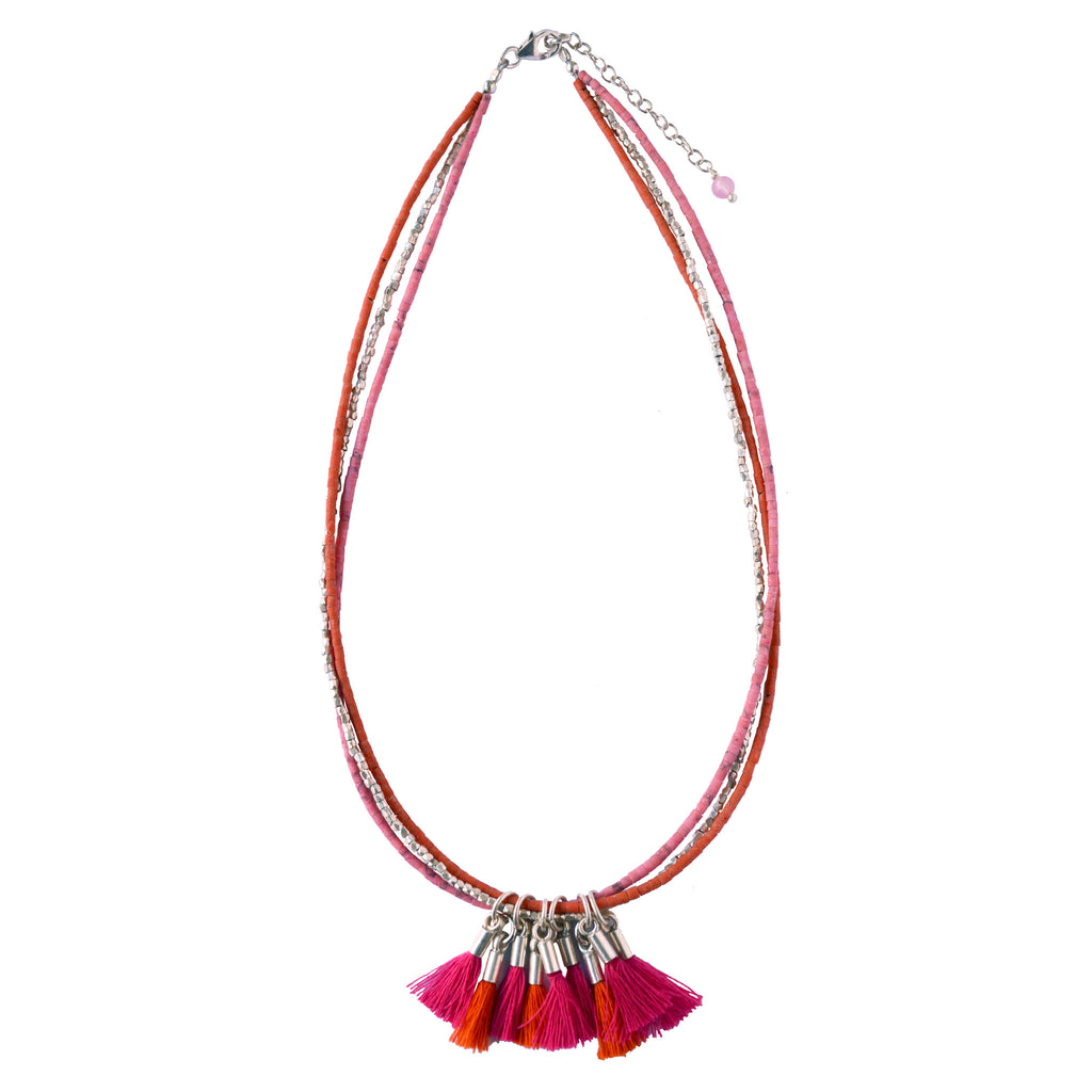 Pink Tassel Silver Necklace