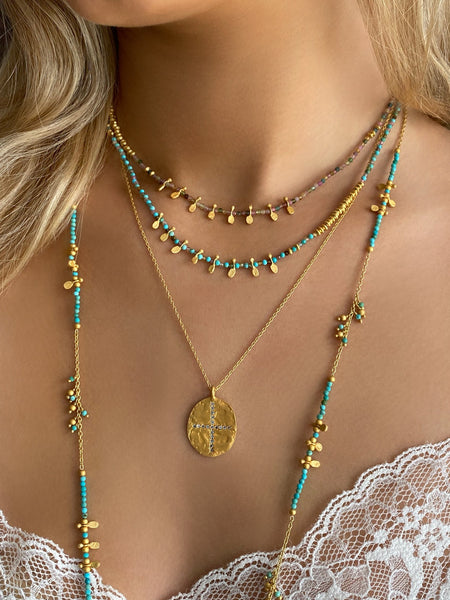 Multi Tourmaline gold beaded thread necklace