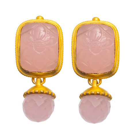 Rose Quartz carved glass stud earrings