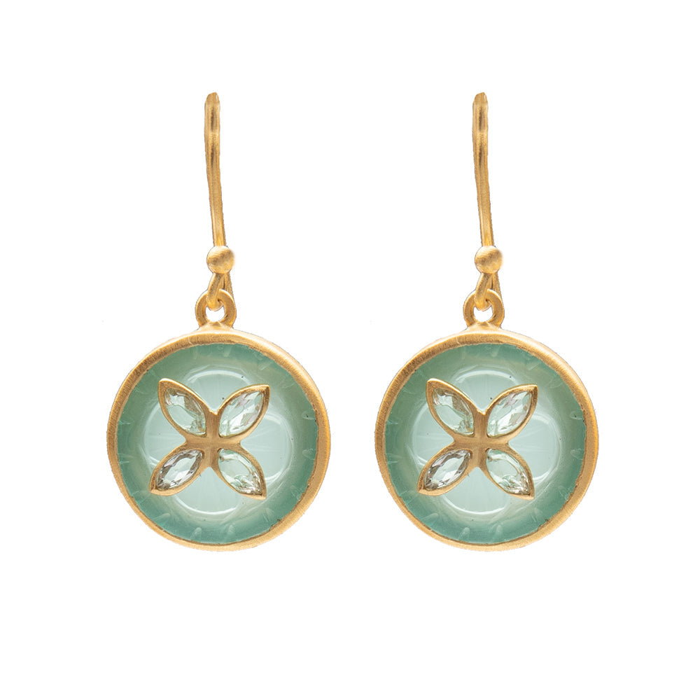 Carved Aquamarine glass earrings with crystal flower