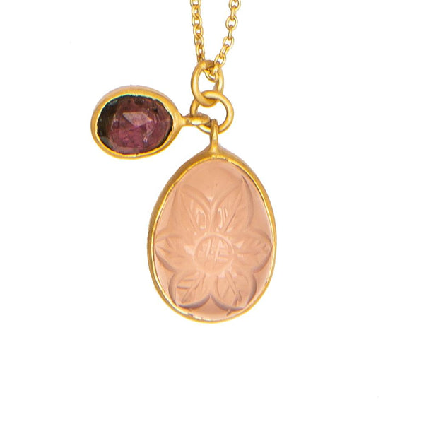 Tear drop carved Rose Quartz glass & Pink Tourmaline necklace