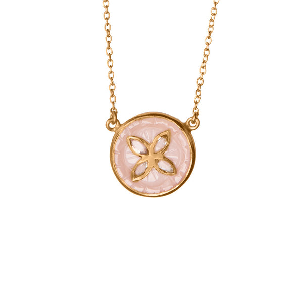 Carved Rose Quartz glass necklace with crystal flower