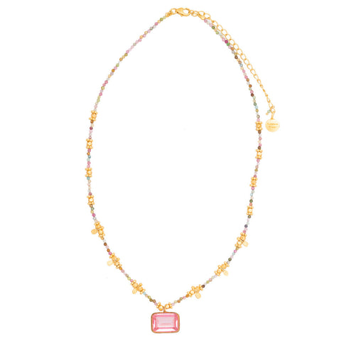 Multi Tourmaline bead necklace with Pink Tourmaline glass pendant