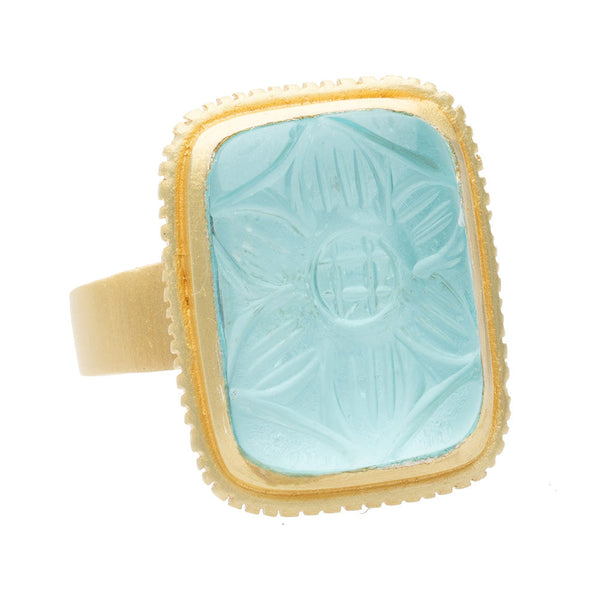 Carved rectangle Blue Topaz glass ring