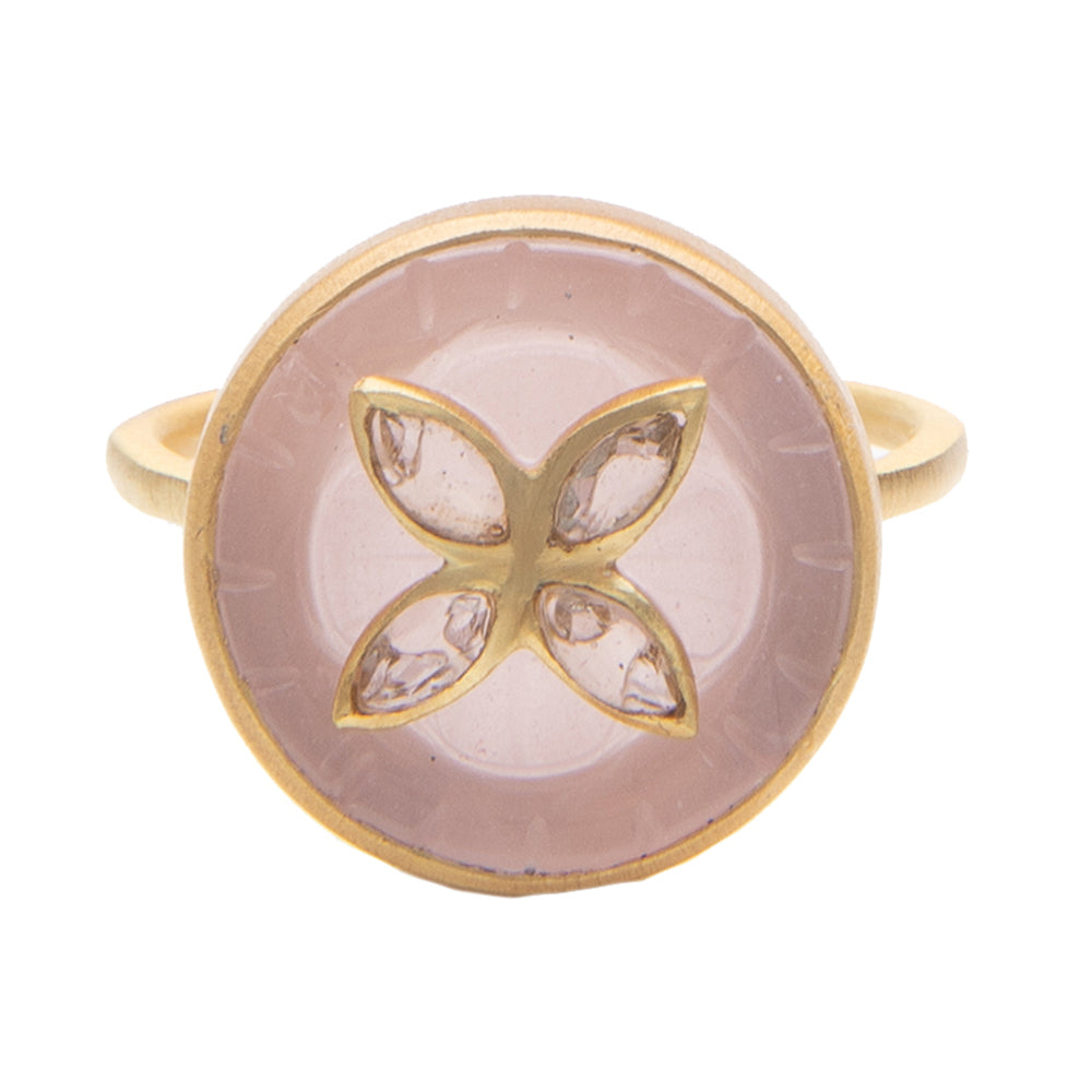 Carved Rose Quartz glass ring with crystal flower
